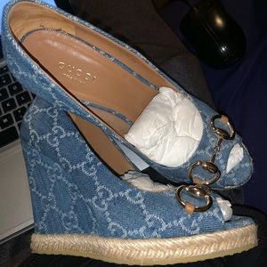 Gucci Denim Horsebit Wedges